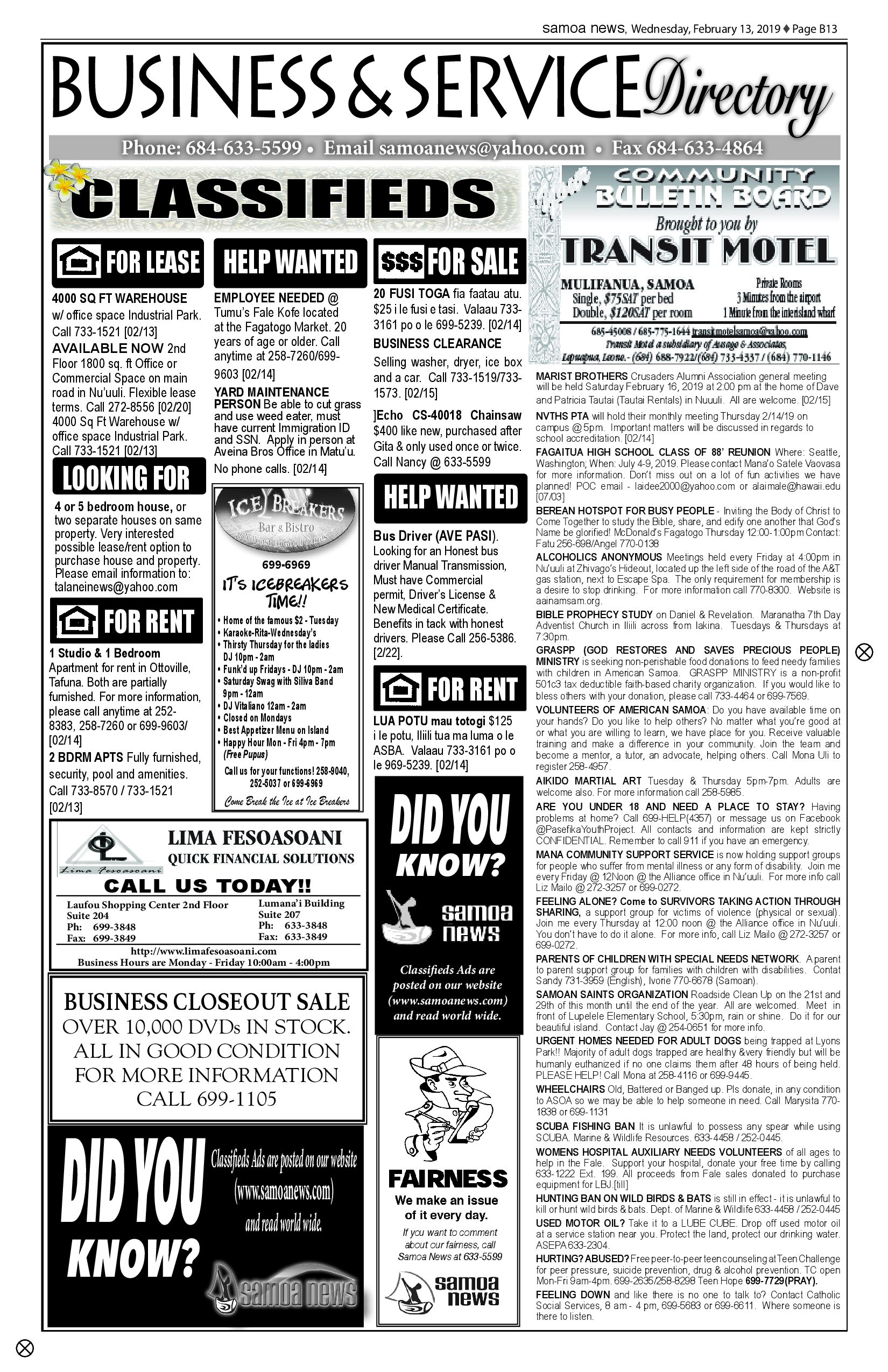 SN Classified Wednesday, February 13, 2019