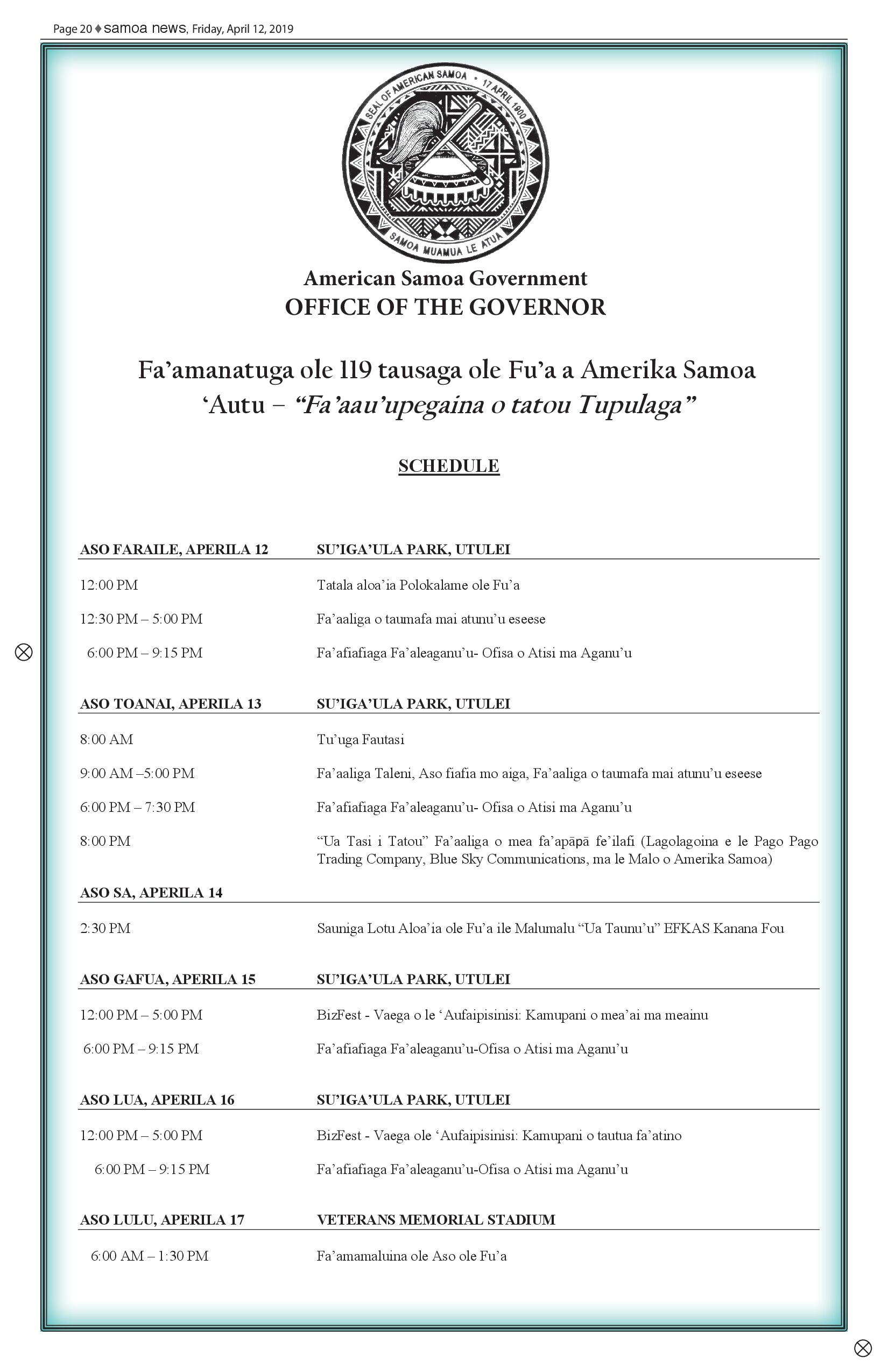 SN Flag Day schedule Friday, April 12, 2019