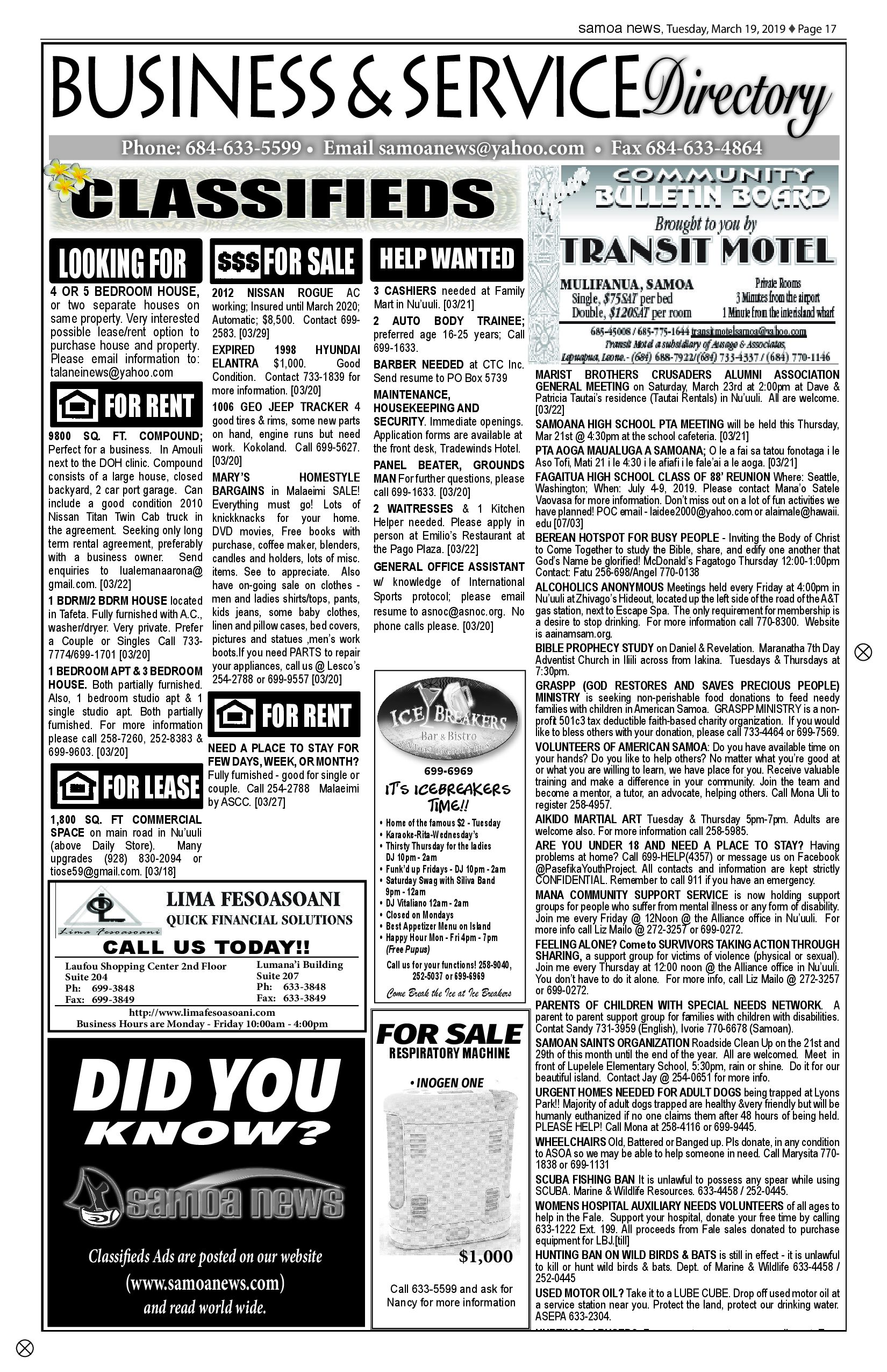 SN Classified Tuesday, March 19, 2019