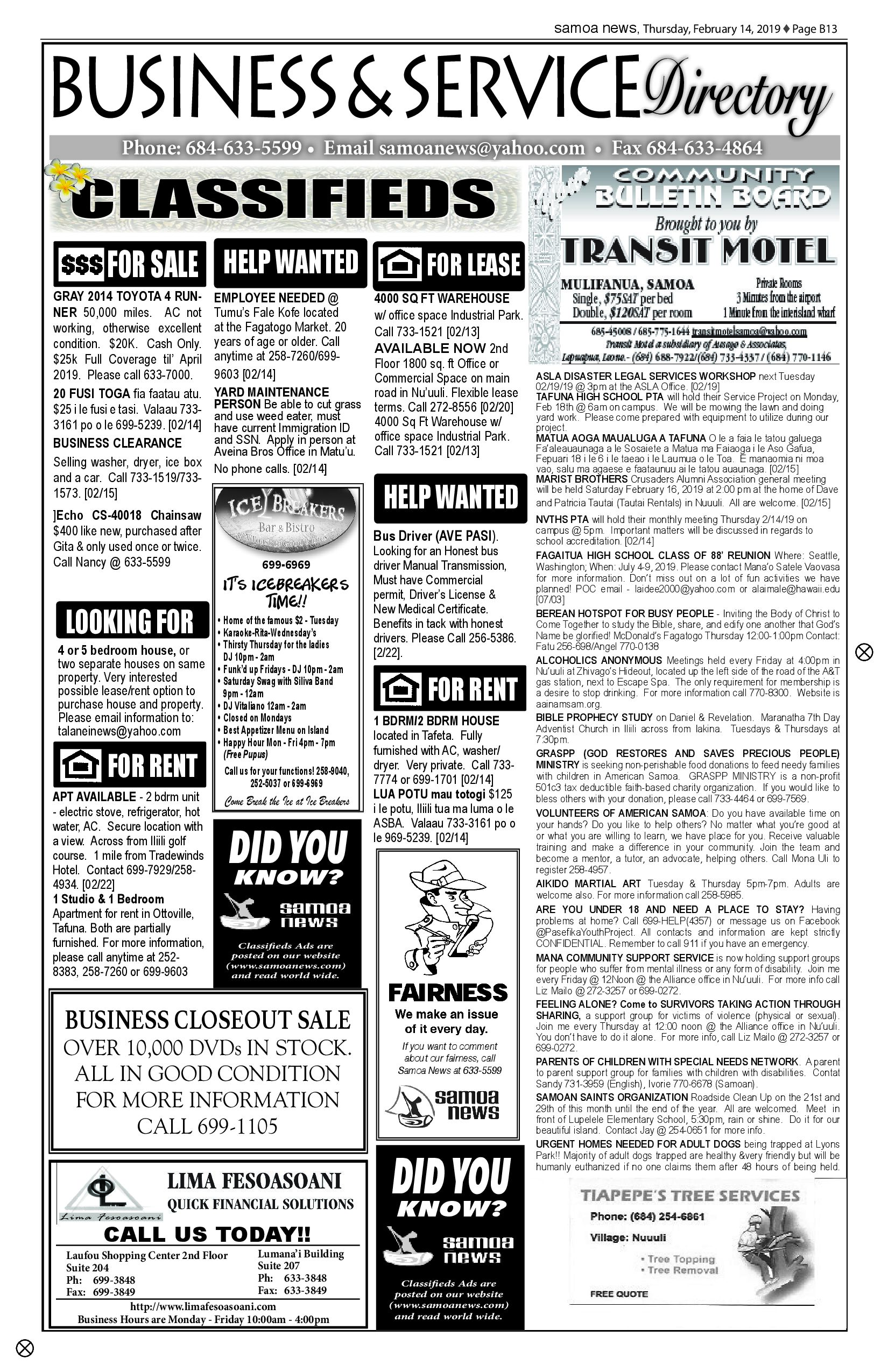 SN Classified Thursday, February 14, 2019