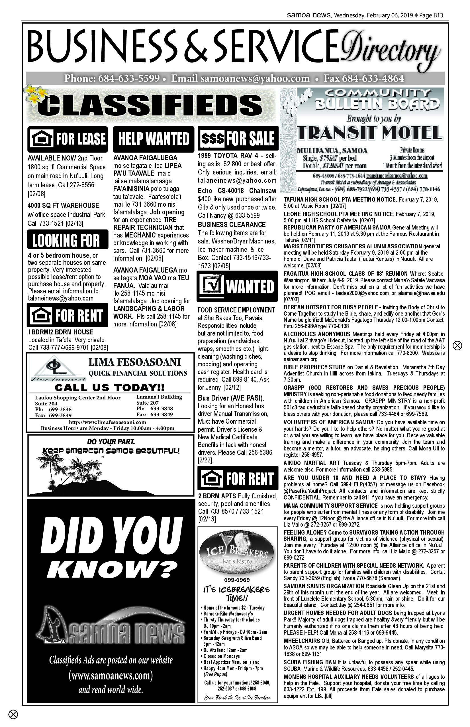 SN Classified Wednesday, February 06, 2019