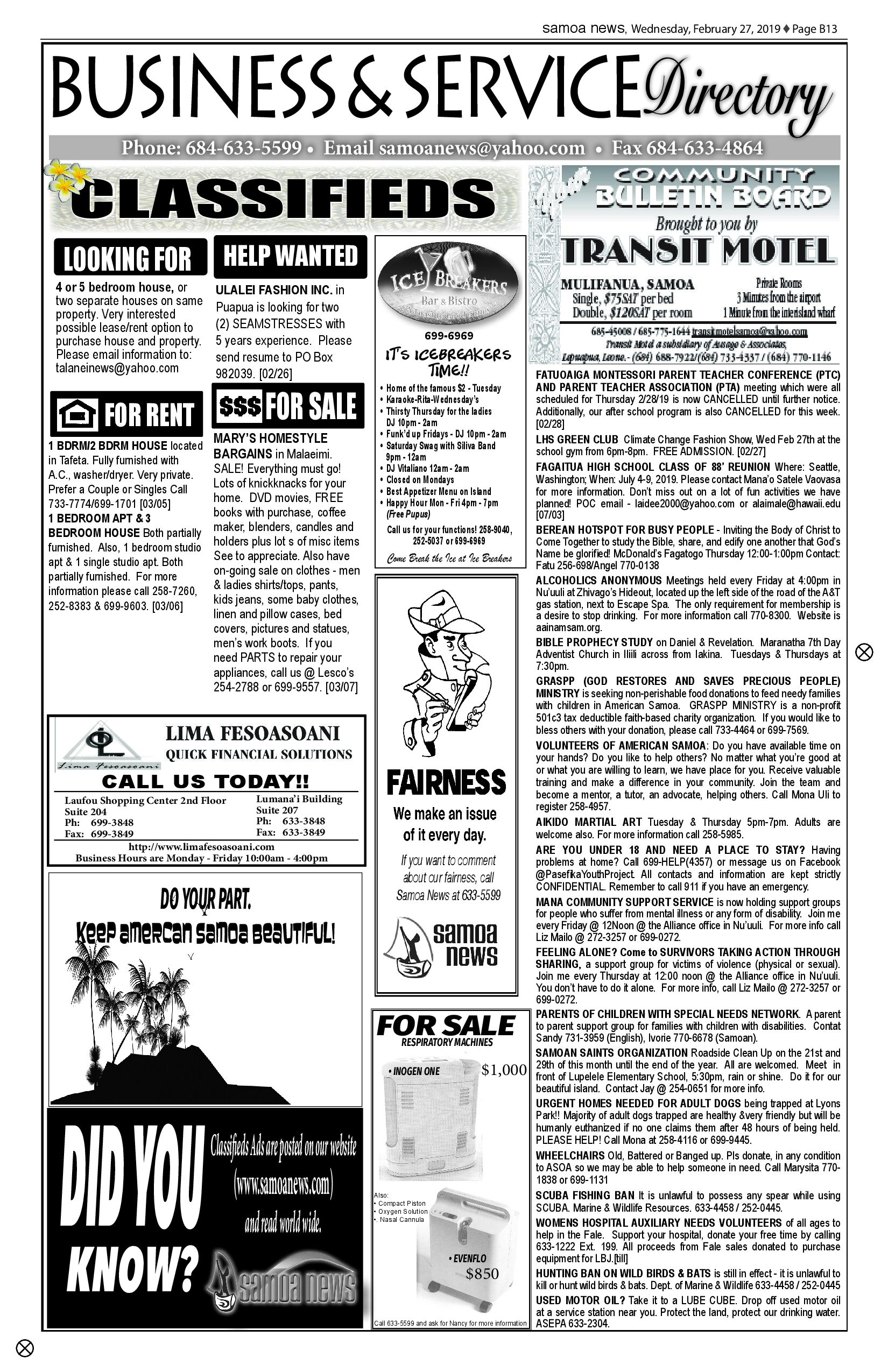 SN Classified Wednesday, February 27, 2019