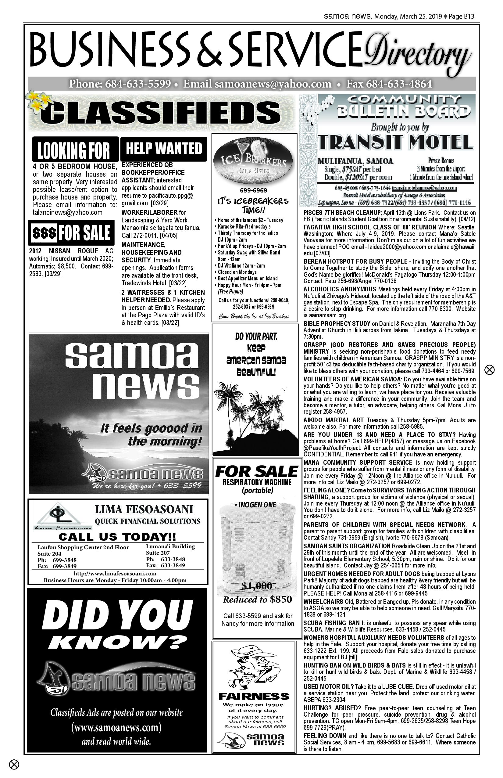 SN Classified Monday, March 25, 2019