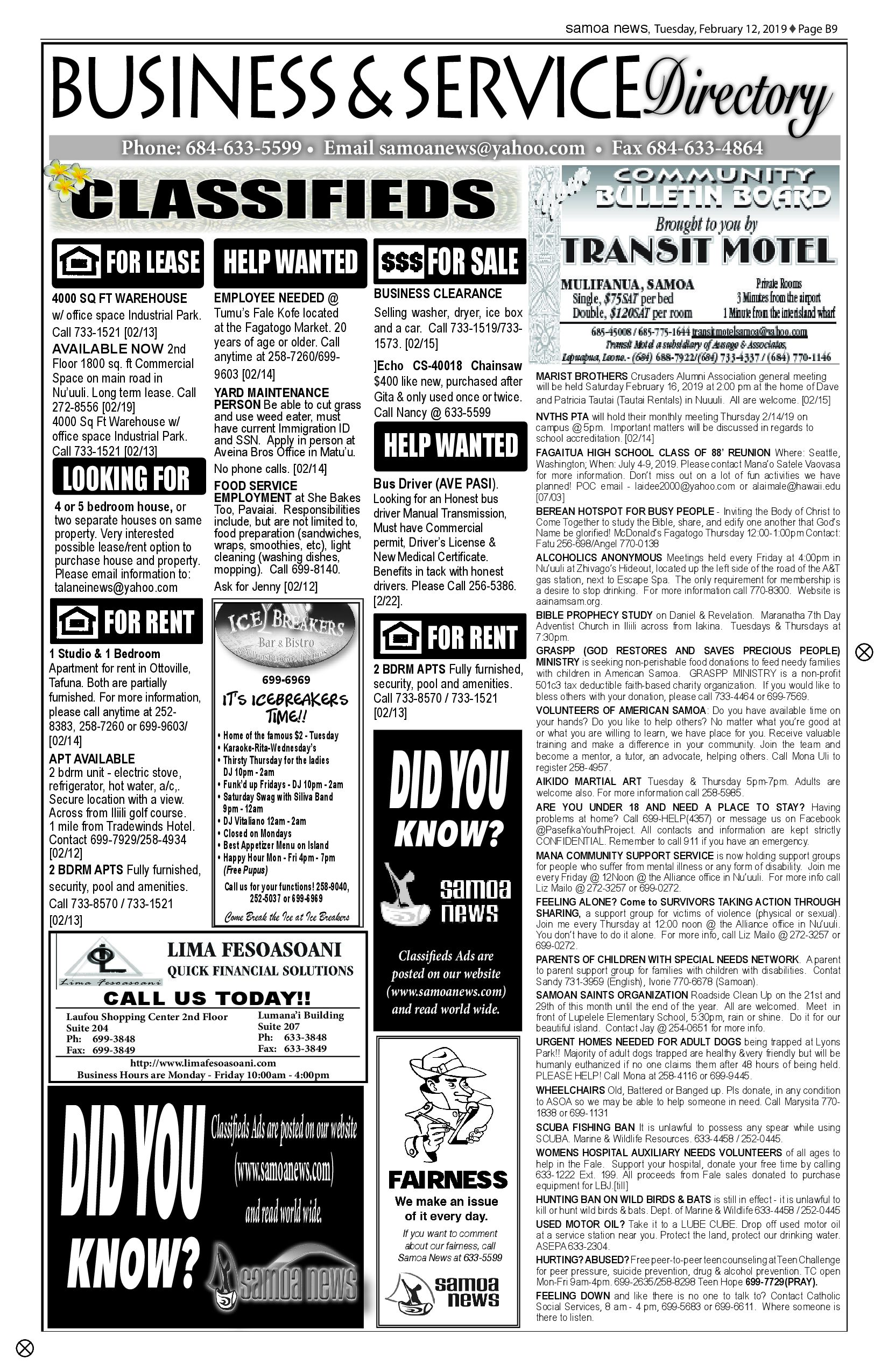 SN Classified Tuesday, February 12, 2019