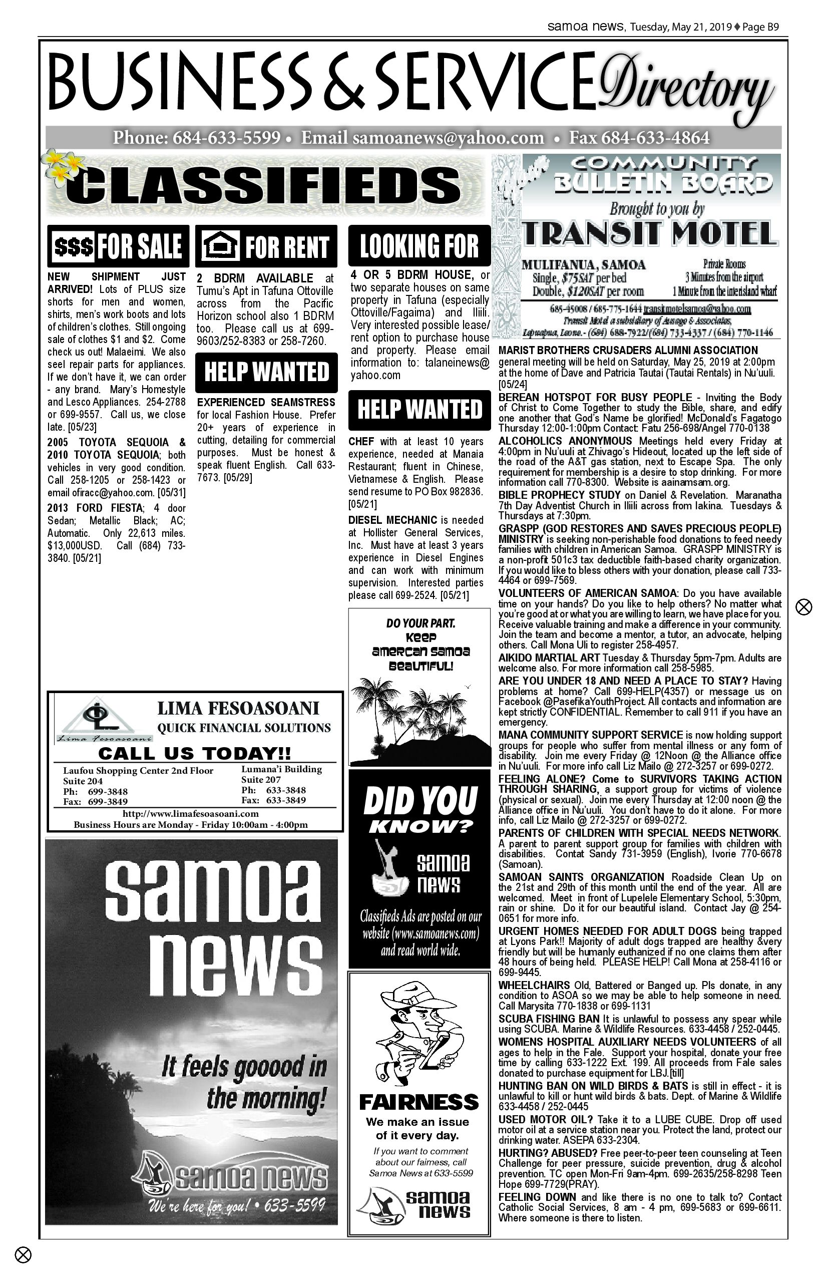 SN Classified Tuesday, May 21, 2019