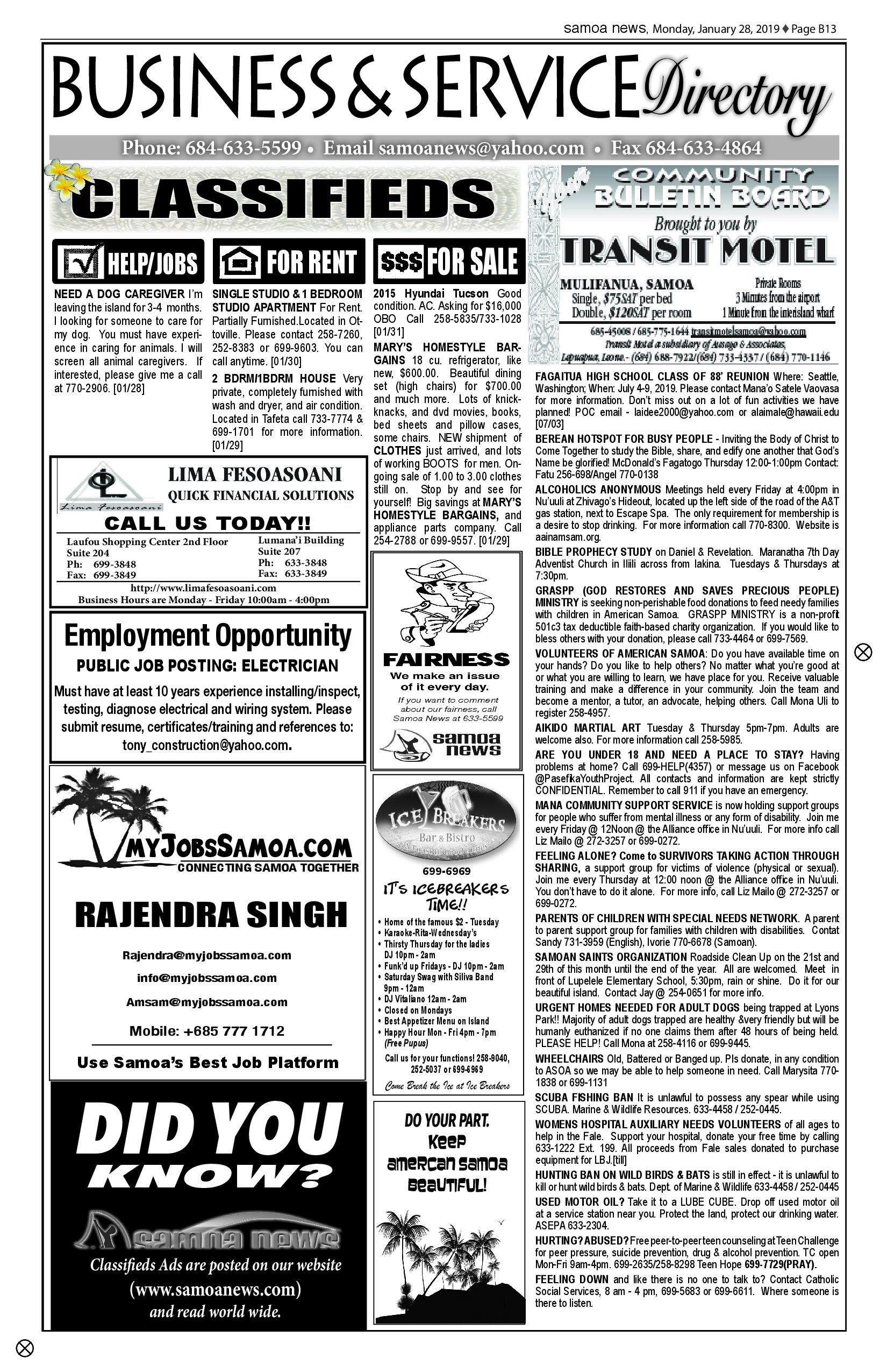 SN Classified Monday, January 28, 2019