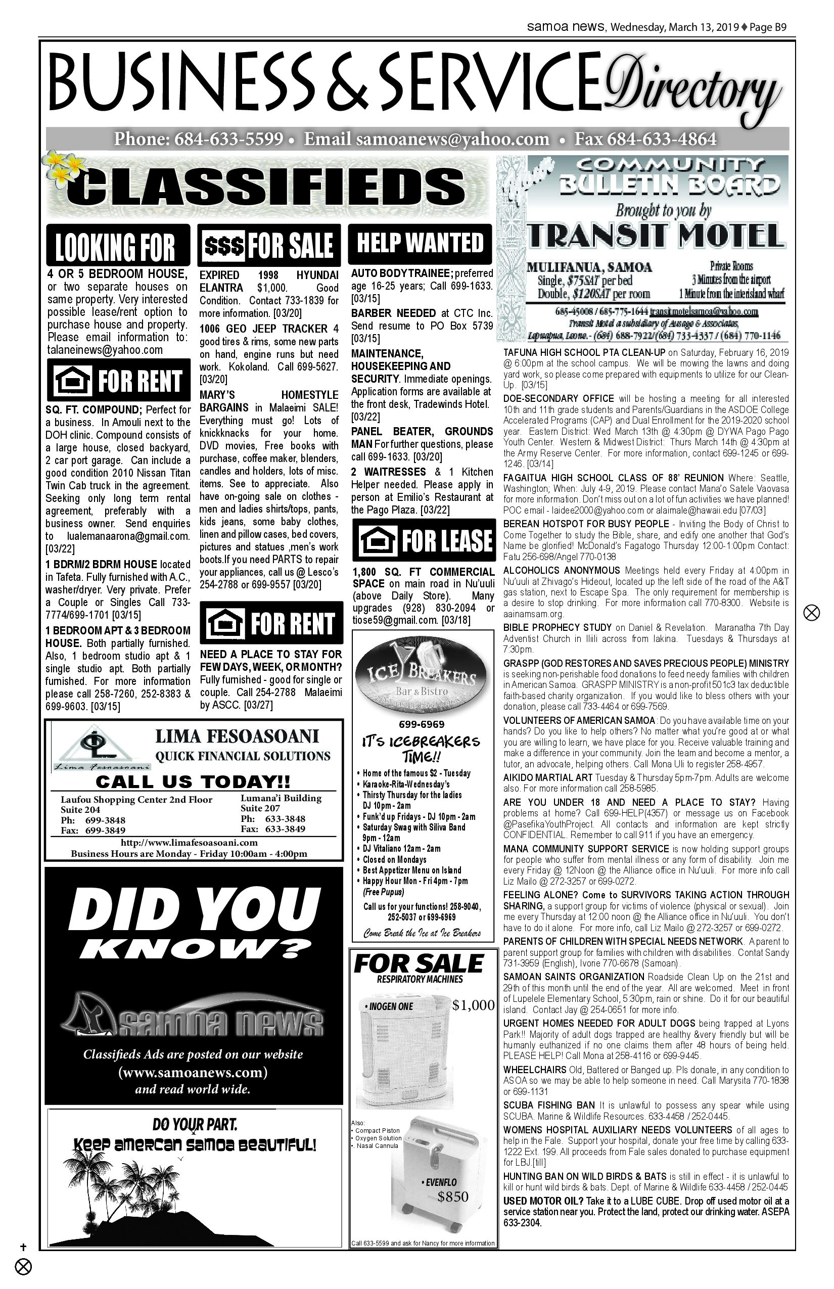 SN Classified Wednesday, March 13, 2019