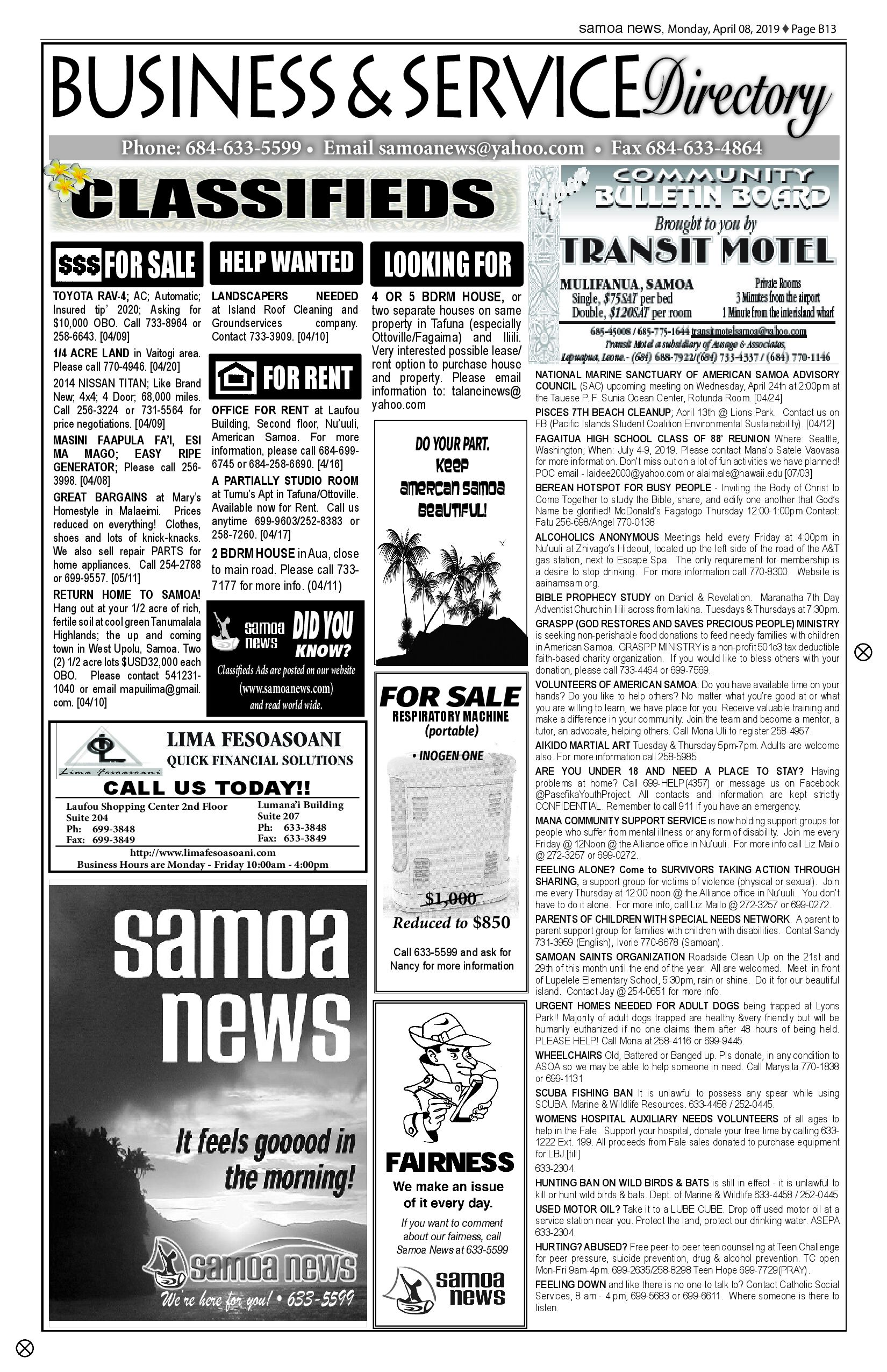 SN Classified Monday, April 08, 2019