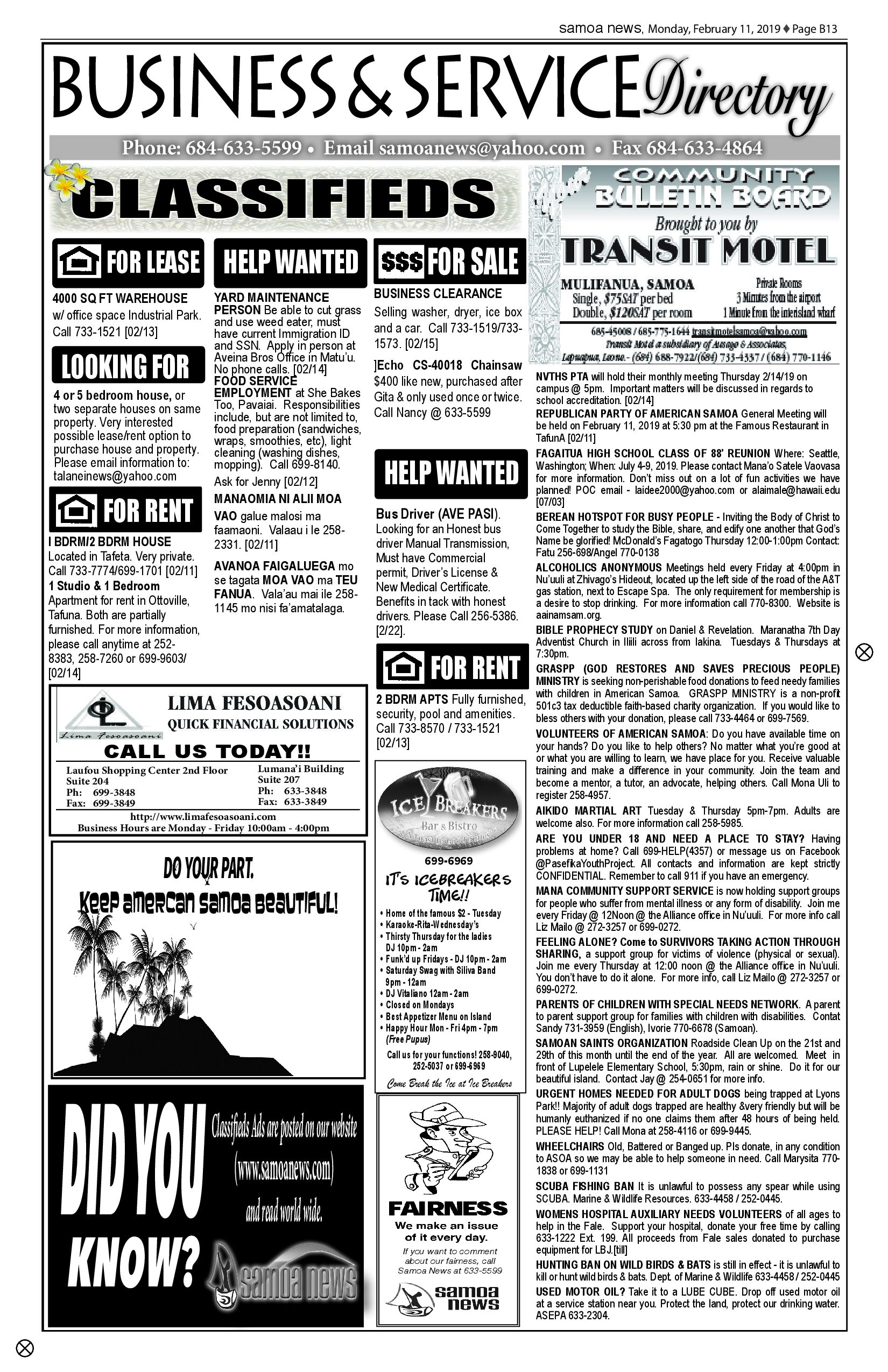 SN Classified Monday, February 11, 2019