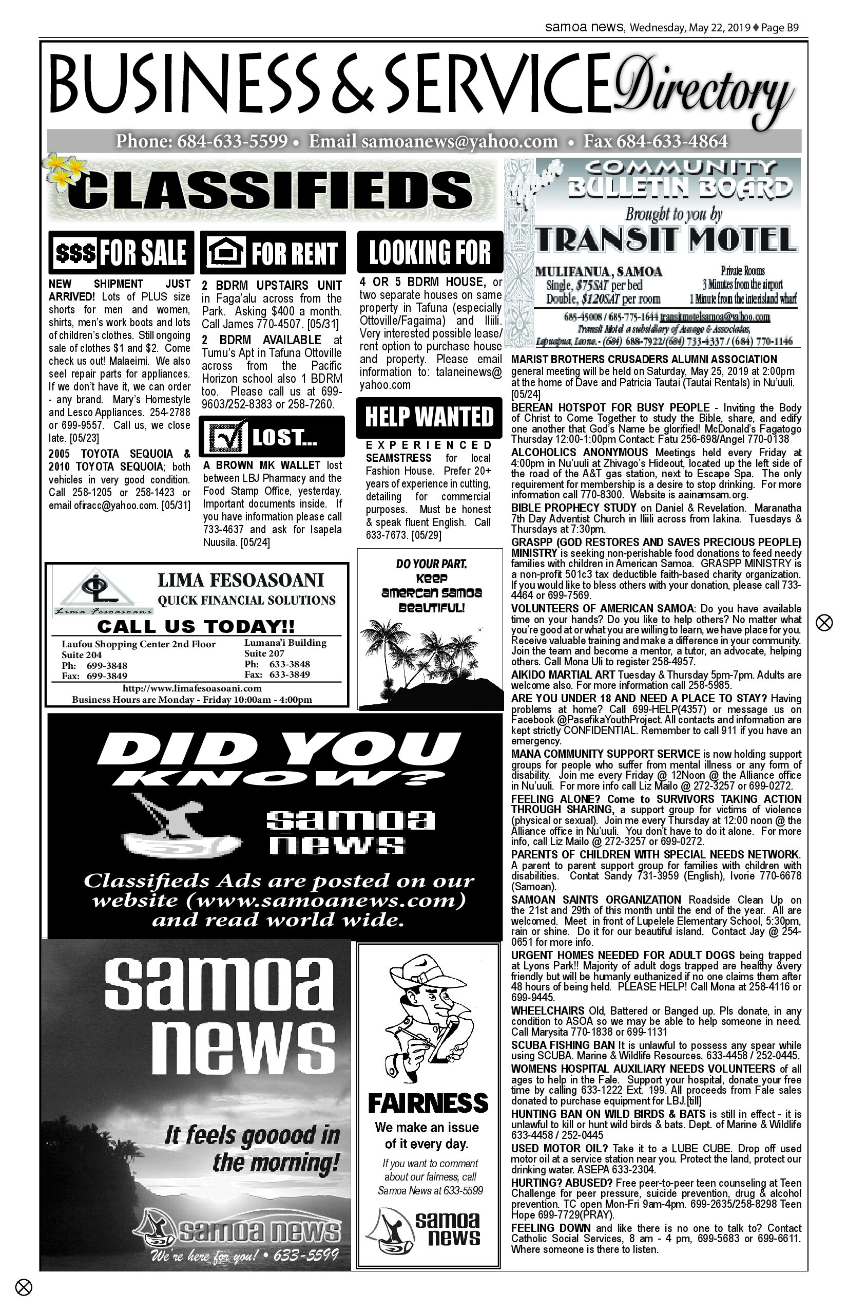 SN Classified Wednesday, May 22, 2019