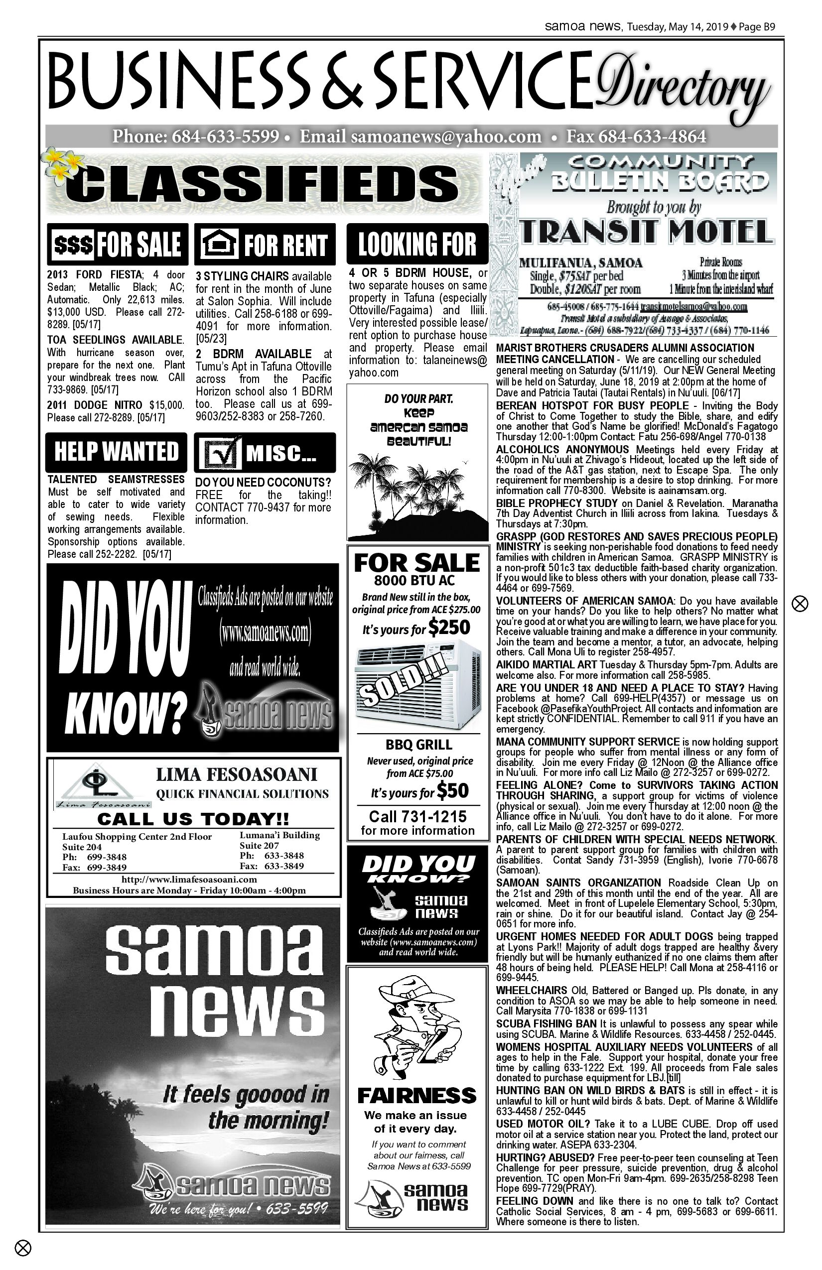 SN Classified Tuesday, May 14, 2019