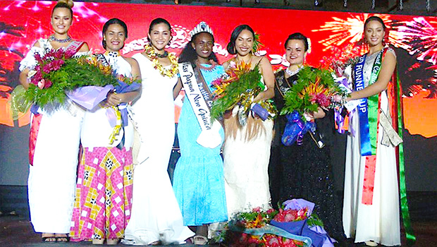 Pictured l-r: Miss Cook Islands, Lydia Simonis; Miss Tuvalu Emeli Pelesa Panapa; Miss Pacific Islands 2017-2018 Matau'aina Gwendolyn Toomalatai; newly crowned Miss Pacific Islands 2018-2019 Miss Papua New Guinea Leishina Mercy Kariha; Miss Tonga Kalolaine Talia Fanganitau; Miss American Samoa Magalita Philomena Johnson; and Miss Samoa Sonia Piva.