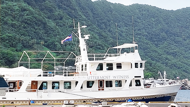 MV Uttermost Witnes docked at the pier in the yacht harbor