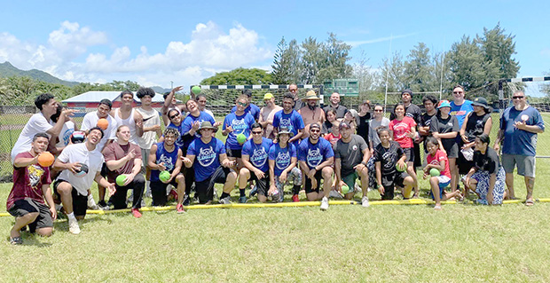 Group photo of players, coaches and others who took part in the first dodgeball tournament 
