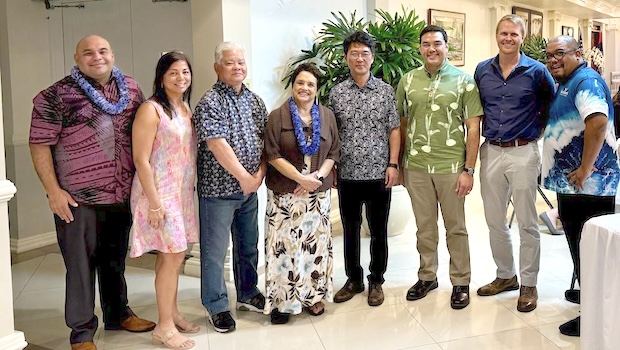 Guam Gov. Lou Leon Guerrero, fourth from left, and CNMI Gov. Arnold Palacios, third from left