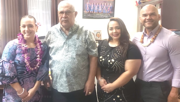 Olympian Filomenaleonisa Iakopo with her parents and Senate President Tuaolo Manaia Fruean