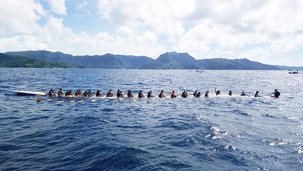 The Aeto from Pago Pago was partially submerged under water prior to the start of last Saturday's Flag Day 2019 Fautasi Race. 