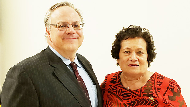 In this Samoa News file photo, U.S. Secretary of the Interior David L. Bernhardt is pictured with Congresswoman Aumua Amata.