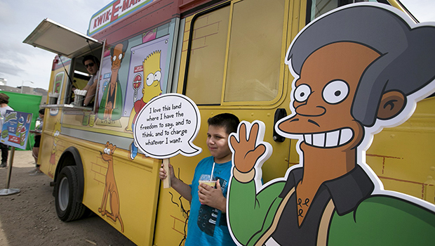 In this March 15, 2015, file photo, an Apu cutout is displayed at a Simpsons Kwik-E-Mart Truck 