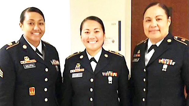 [l-r] Sgt Sailelagi Manu of Afonotele; Sgt Shanli Lin of Fagaitua; and Sgt Marcella Malufau of Futiga.