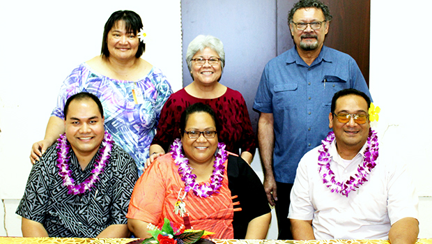 Dr. Reupena Lesa (front, left) and Dr. Ernie Seiuli (front, R) each earned a Doctor of Education, while Dr. Feleni Alainuuese (front, C) completed a Doctor of Philosophy in Education. Joining in the celebration were ASCC Teacher Education Program Director Shirley De La Rosa and Trades & Technical Program Director Fred Suisala