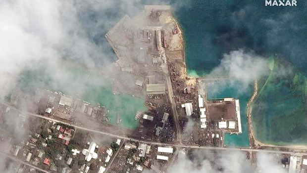 Satellite image of Nuku'alofa port after volcano eruption
