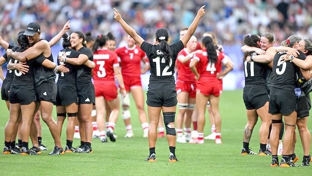 NZ Black Fern, Alena Saili, signifies victory