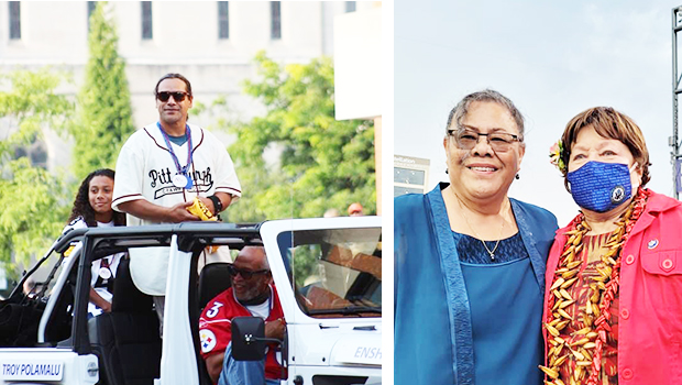 Composite of Troy in parade and Amata watching.