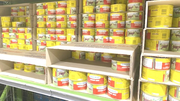 canned corned beef on store shelf