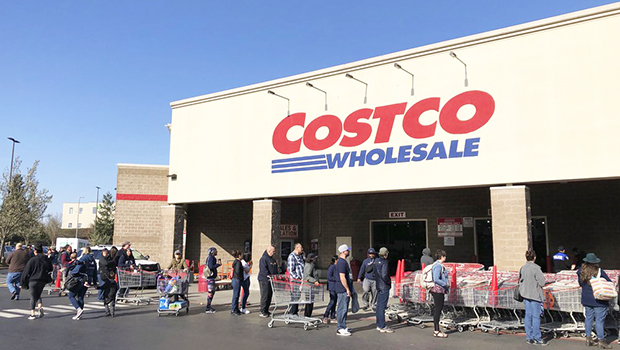 Line of shoppers outside a Costco