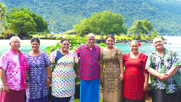 American Samoa Community College students Fuamai Ativalu Tago and Alphina Sifaleula Liusamoa are pictured with their parents, along with Department of Marine and Wildlife Resources director, Va’amua Henry Sesepasara (far left) and Western Pacific Regional Fishery Management Council local official Nate Ilaoa 