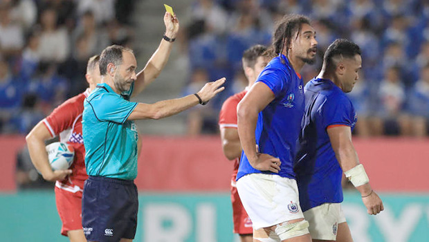 Samoa's Motu Matu'u (R) failed a concussion test after being yellow carded.