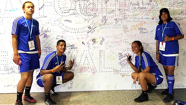 American Samoa young athletes at the Football For Hope Festival in Russia, Moscow (from l—r) Gabriel Taumua, Chris Faamoana, Susan Godinet and Seirosa Tuaua
