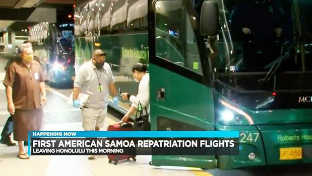 American Samoa residents arriving in buses at the Honolulu airport