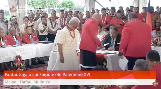 Samoa’s new Prime Minister Fiame Naomi Mataafa was sworn in Monday, May 24, at 6:13 p.m. in an open air tent outside of Parliament. She is pictured here just after taking the oath of office