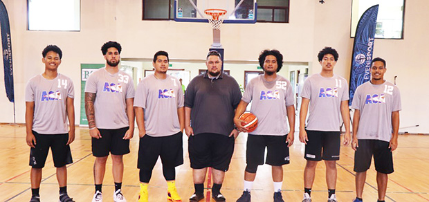 Pictured are: Jeremiah Tuimaseve (#7); Lynel Steve Siu (#11); Paul Iese Collins (#12); Afimuao Nimoa'i (#14); Michael Su'euga Pa'aga (#22); Lyle Pene Penani Siu (#33); Onosaiilemeatiga Tovale (#52); and head coach Diehl Michael Angelo Langkilde.