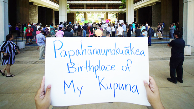 Sign at the Papahanaumokuakea fishing Means Food rally.  It says, "Papahanaumokuakea Birthplace of My Kupuna"