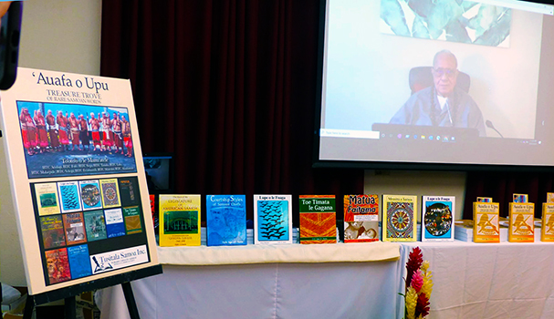 Author and Samoan orator, Fofo I.F. Sunia appeareing on screen via VTC