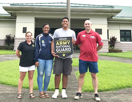 (l-r): MSG Sheri Hoddle, Tauaitala Leasiolagi (the first Am Samoan 2020 National Guard enlistment), Fotuoatua Afioa’e, and ORARNG American Samoa recruiter SFC Steve Mann