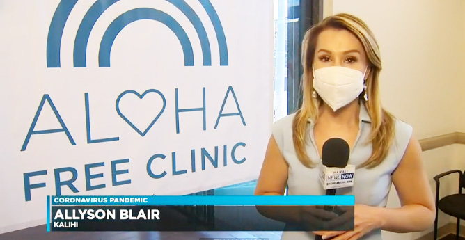 Screenshot from Hawaii News Now of news reporter at Free Clinic