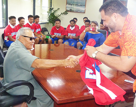 American Samoa Baseball Association president, Marcus Langkilde presented Gov. Lolo Matalasi Moliga with team jersey.