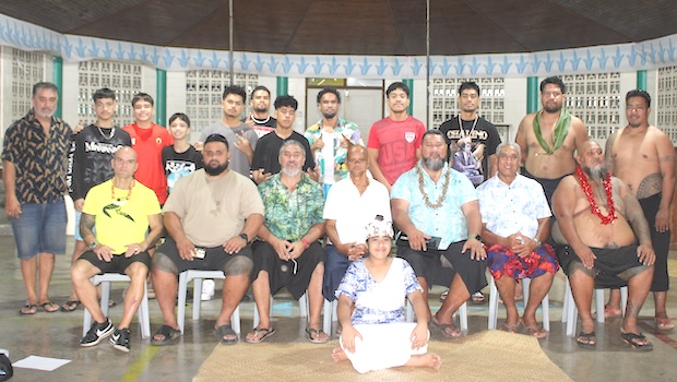 Coach Stanley Iakopo (seated far left), along with the visiting ASBF team (standing) and members of the Marist Samoa Sports Club