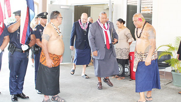 Governor Lemanu P.S. Mauga, Chief Justice Michael Kruse followed by Senate President Tuaolo Manaia Fruean and House Speaker Savali Talavou Ale 