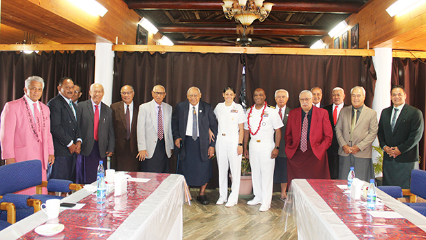 US Navy Command Master Chief Josephine Tauoa with her father and other Senators