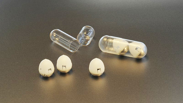 Components of swallowable self-righting device which can inject drugs from inside the stomach