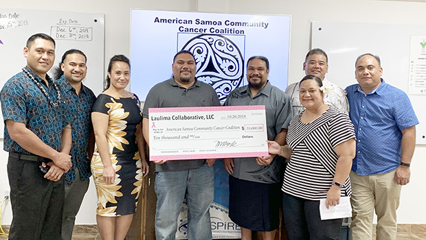(L-R) Vai Semeatu, Iosefa Suani, Leka Bode, Uesele Suani, Fritz Suani, Si’itia Soliai-Lemsus, Troy Asuncion, and Va’atausili Tofaeono.  Not pictured: Colin Bode, Nu’usila Suani, Jr., and Harry “Pops” Asuncion.