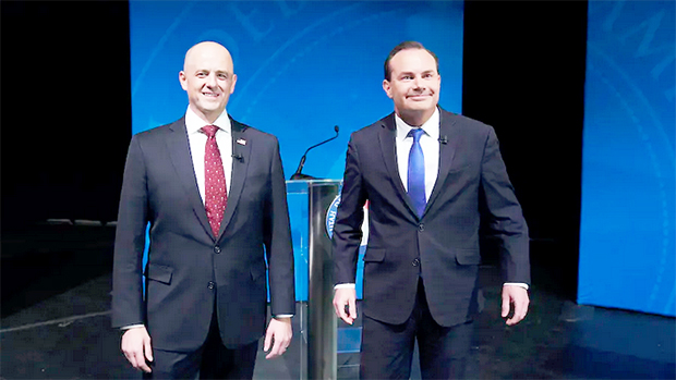 Utah Sen. Mike Lee, right, and his challenger Evan McMullin