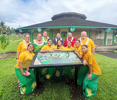 Front Row: Emma Fiu, Moemamao Taua, Topelei Matoka, Fuarosa Molesi, Fuatai Iosefo, Fa'anape Suani  Back Row: Vera Talamoa Peck, Mikaela Saelua, Principal Dr. Patrick Danielson, Land Grant Forestry Manager Denis Sene, Forestry Specialist Tony Maugalei, Edmund Amataga 