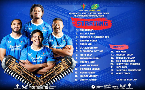 The Manu Samoa team lineup for Pacific Nations Cup first game