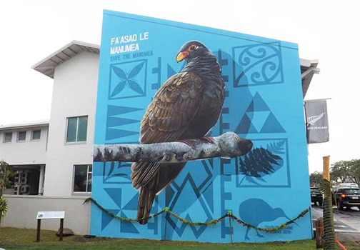 Manumea bird mural on the eastern wall of the New Zealand High Commission office in Apia 